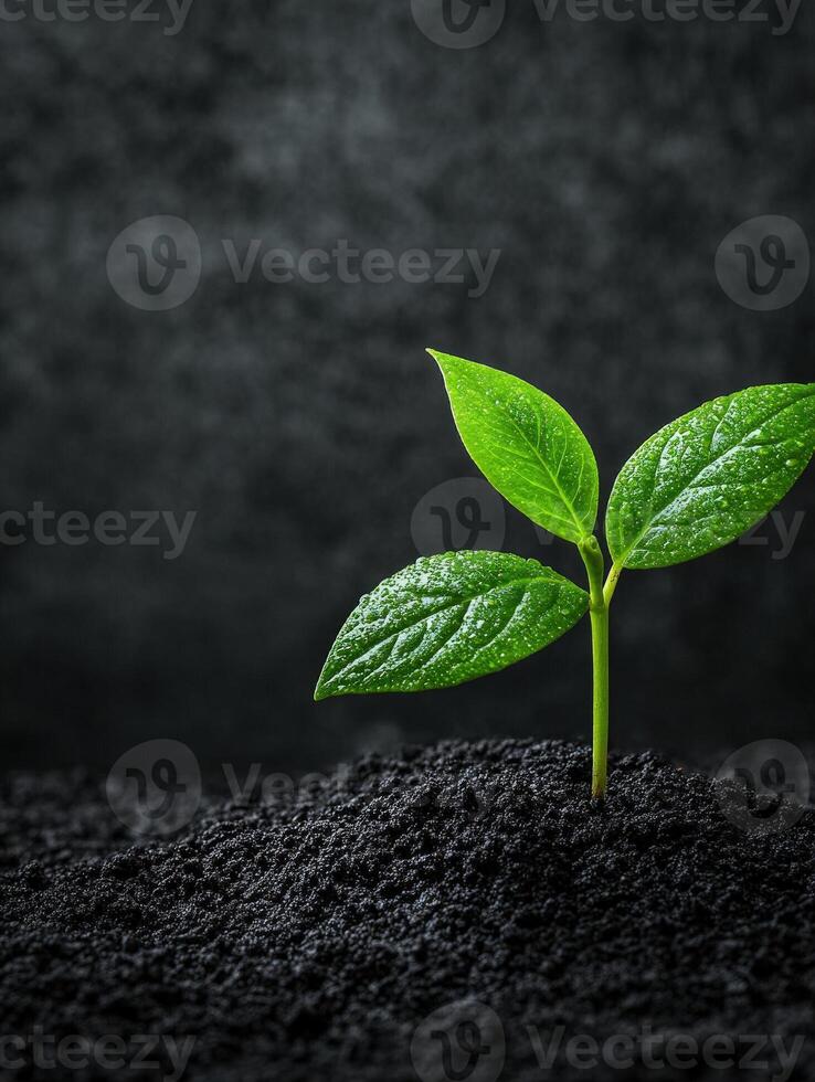 New plant sprouting from rich soil in a dark background environment photo