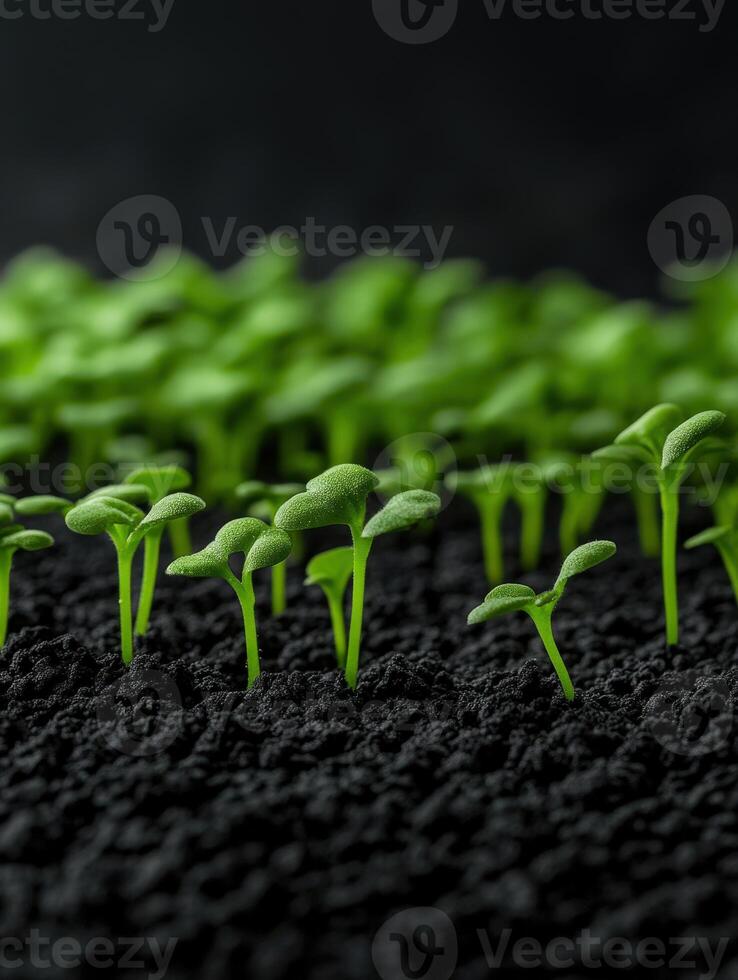 Green seedlings emerge from dark soil in a nurturing environment photo