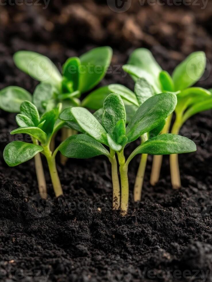 Healthy green seedlings emerging from rich dark soil in a garden setting photo