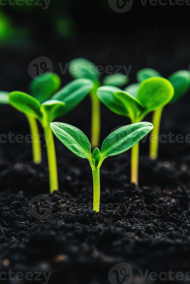 Green seedlings sprouting from rich dark soil in a close view during daylight photo