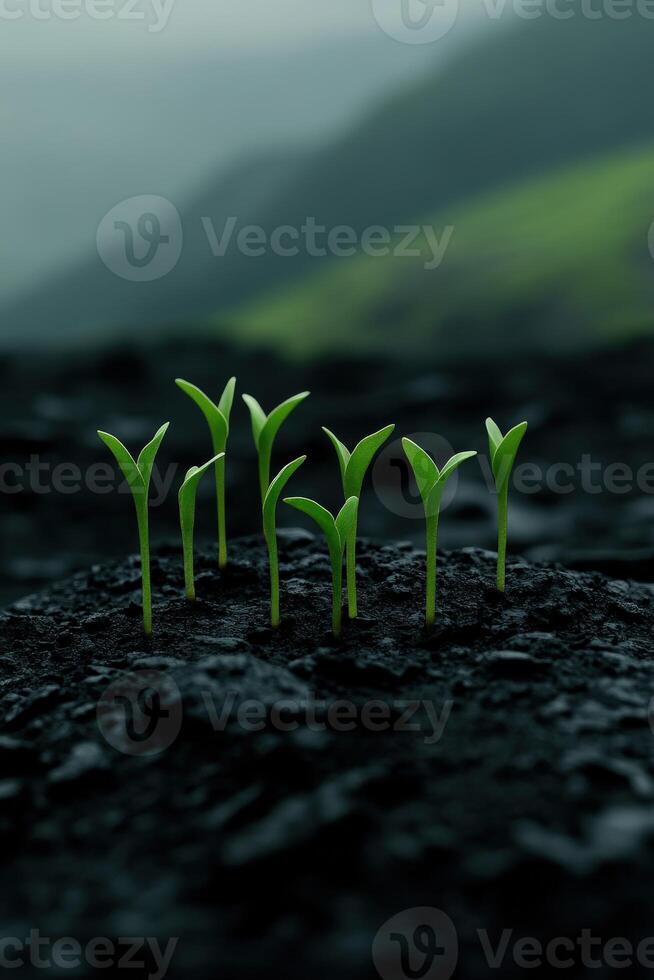 New plants emerging from fertile soil in a lush green environment photo