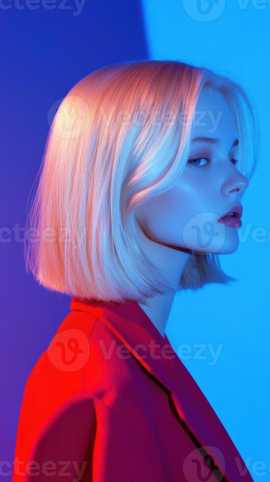 Colorful portrait of a woman with short blonde hair on blue photo