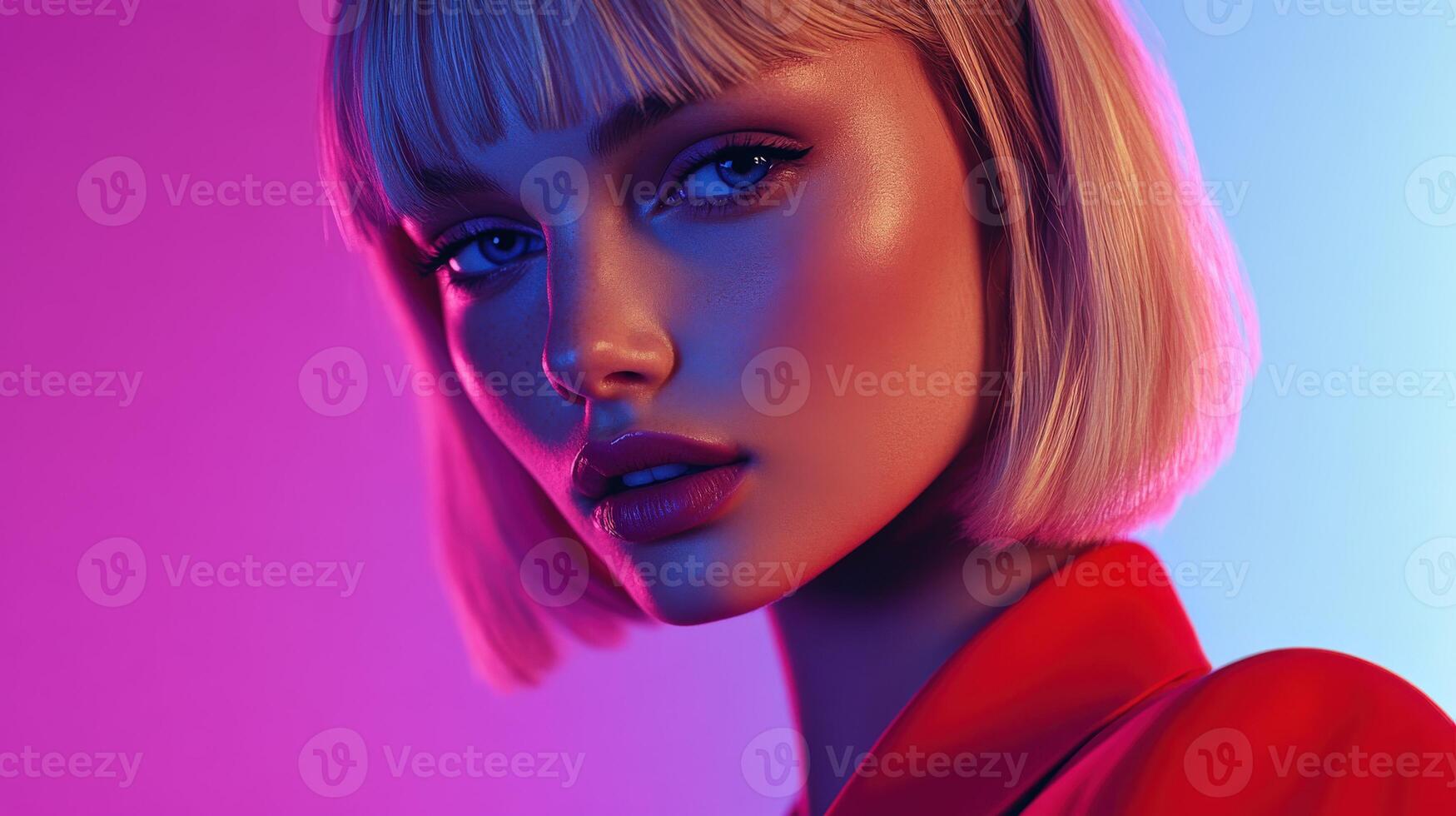 Model with blonde bob hairstyle poses against colorful backdrop in studio photo