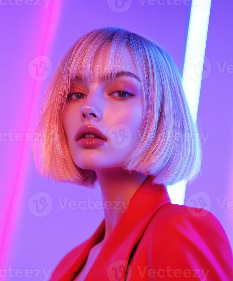 Elegant model poses with colorful lighting in modern styling shoot photo