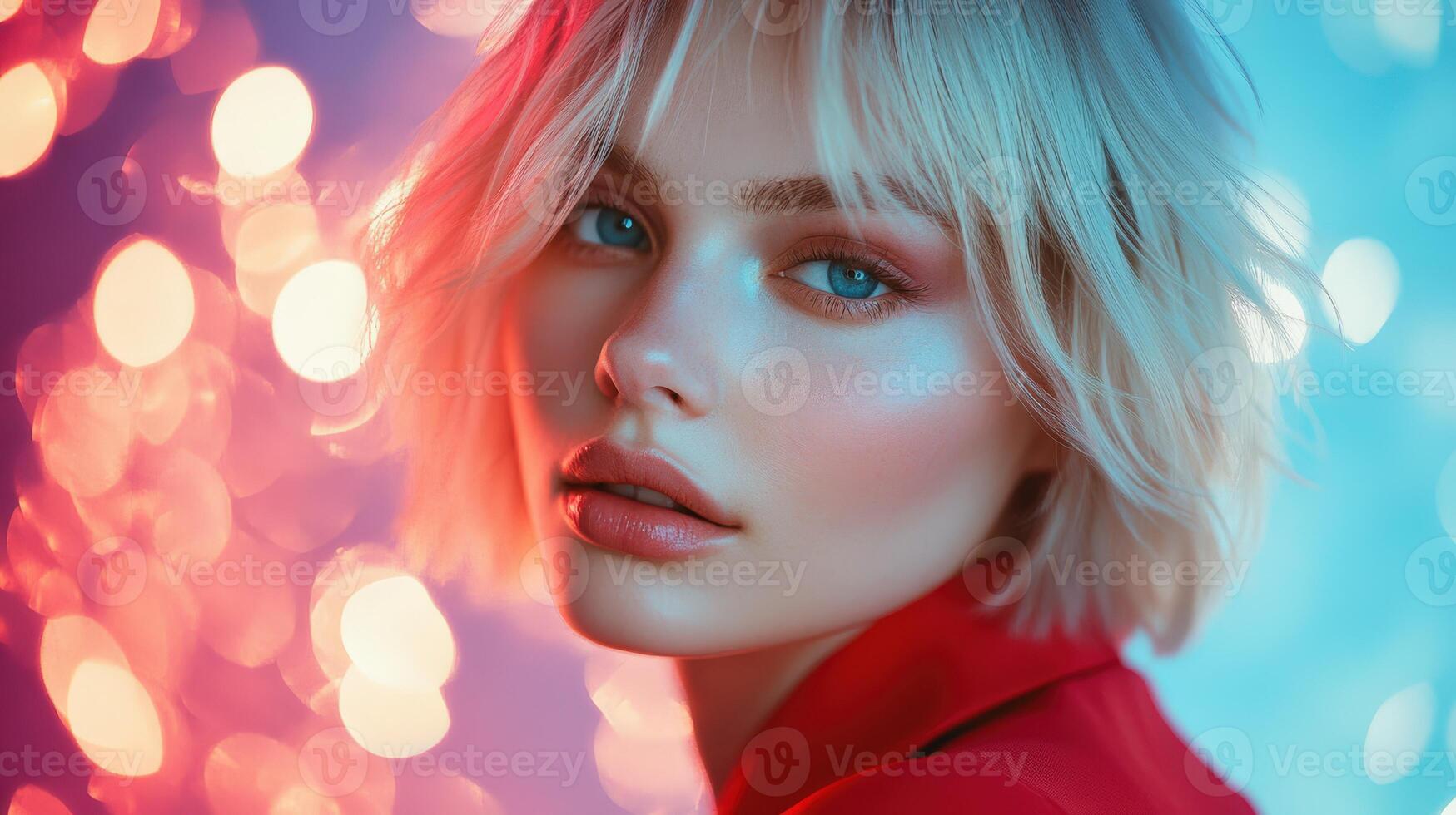 Model poses with colorful bokeh background lighting during a daytime shoot photo