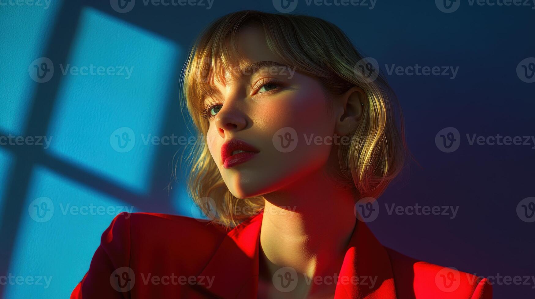 Captivating portrait of a woman in red against a colorful backdrop photo