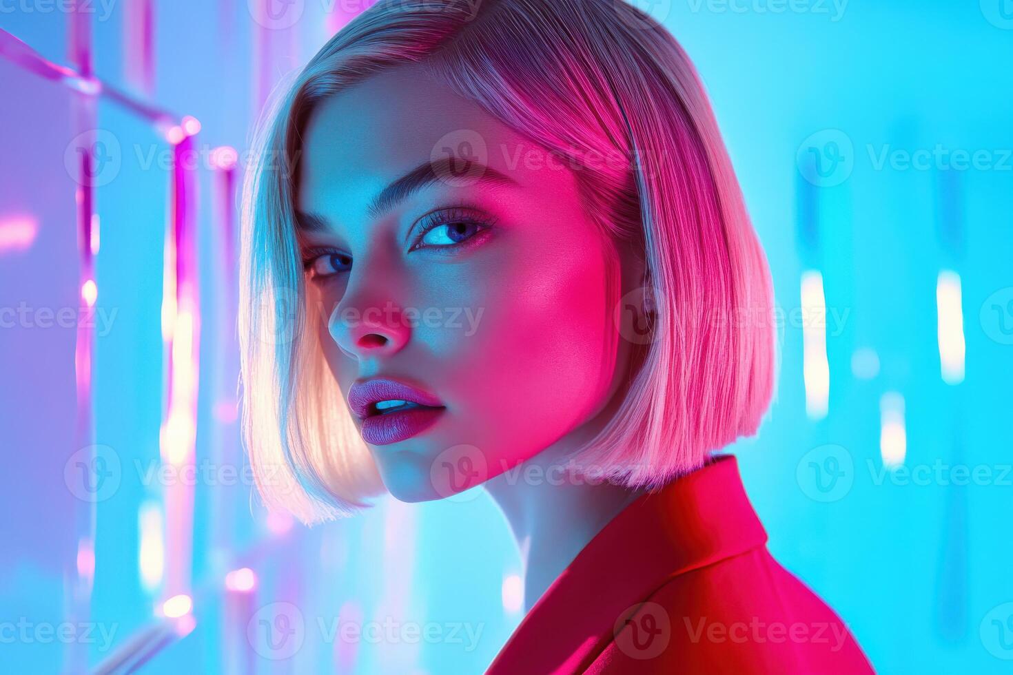 Model poses with bold colors in vibrant light display showcasing modern fashion photo