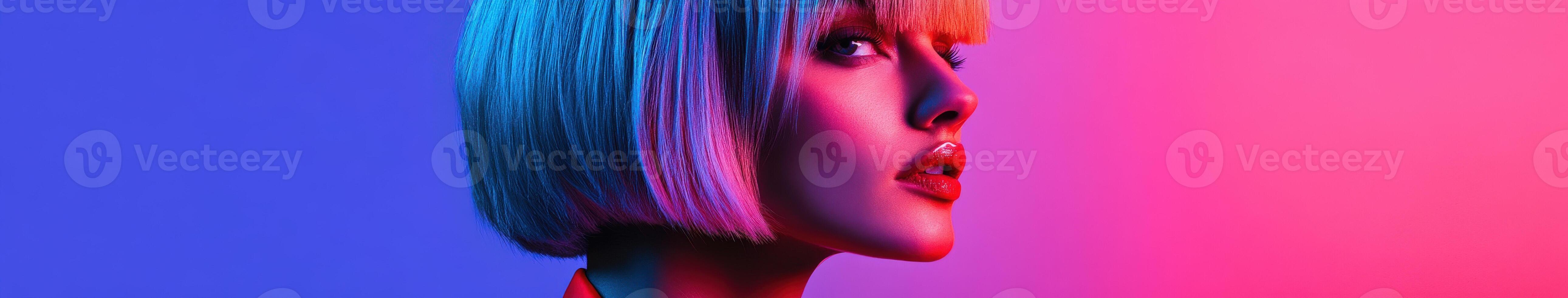 Portrait of a young woman with stylish bob haircut under vibrant lights photo