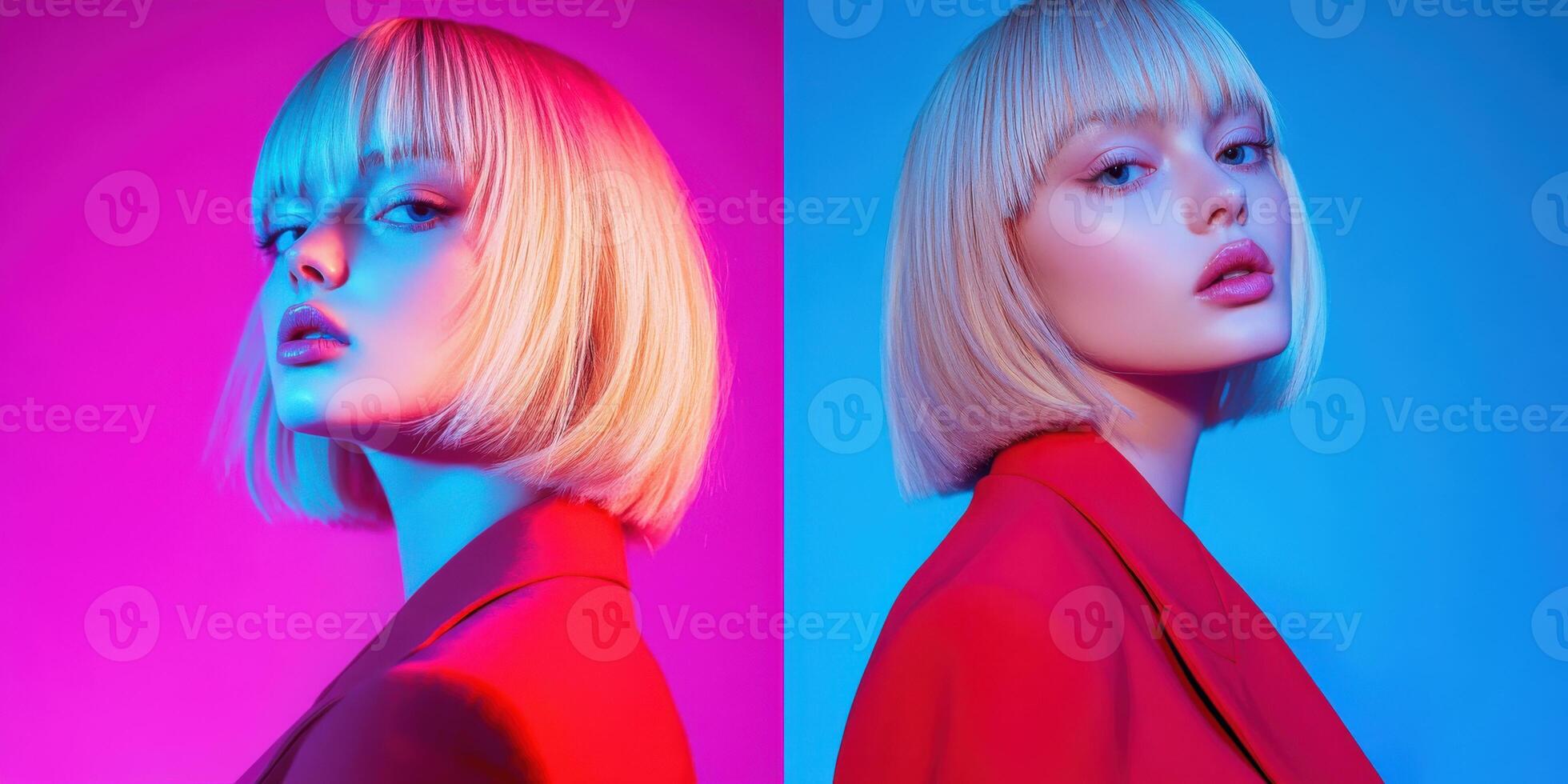 Modern portrait of a model in vibrant lighting with stylish haircut photo
