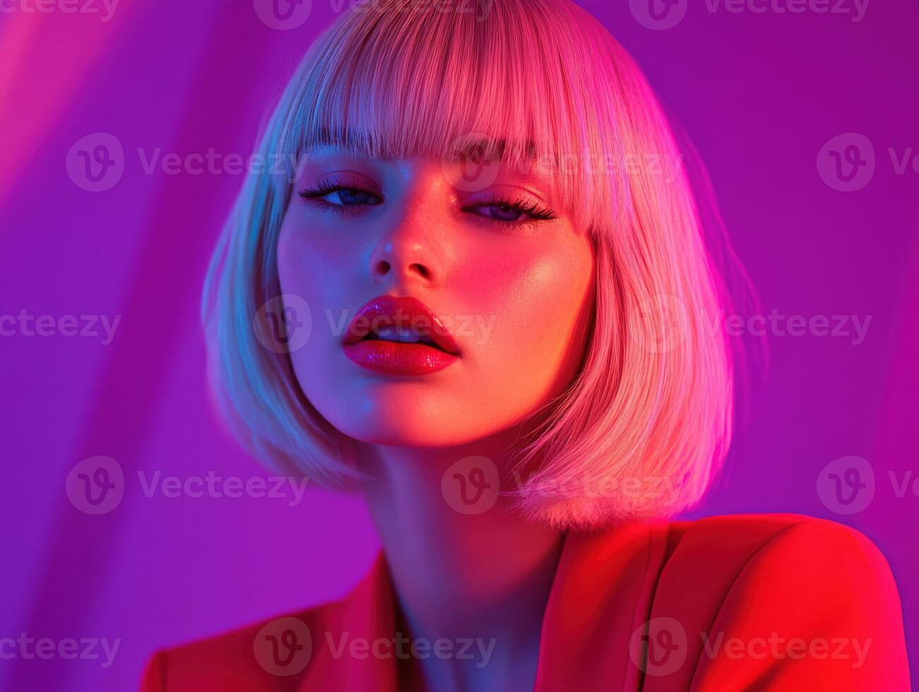 Model with bold makeup and vibrant colors poses confidently in studio lighting photo
