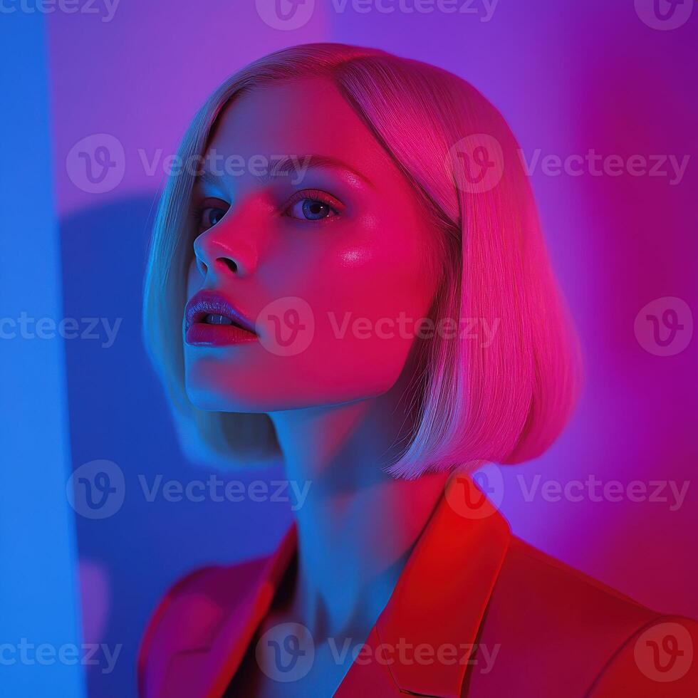 Model poses with dramatic lighting in vibrant colors during indoor shoot photo