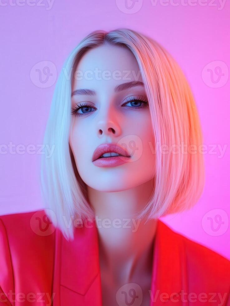Portrait of a woman with blonde hair in vibrant lighting photo