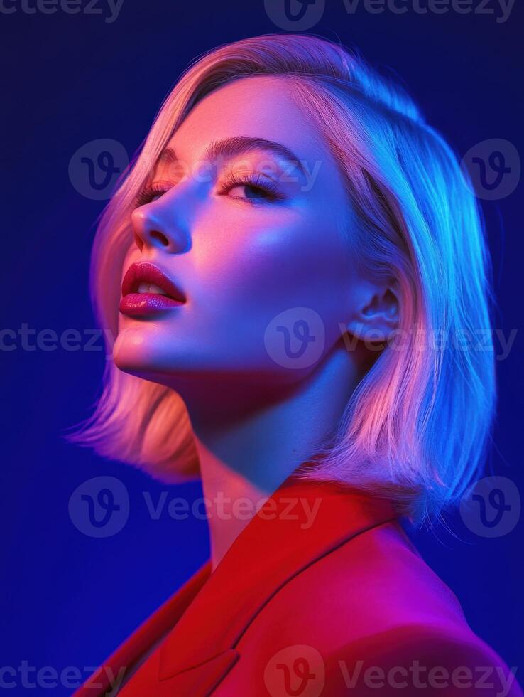 Brightly lit portrait of a woman in a red jacket against a vibrant background photo