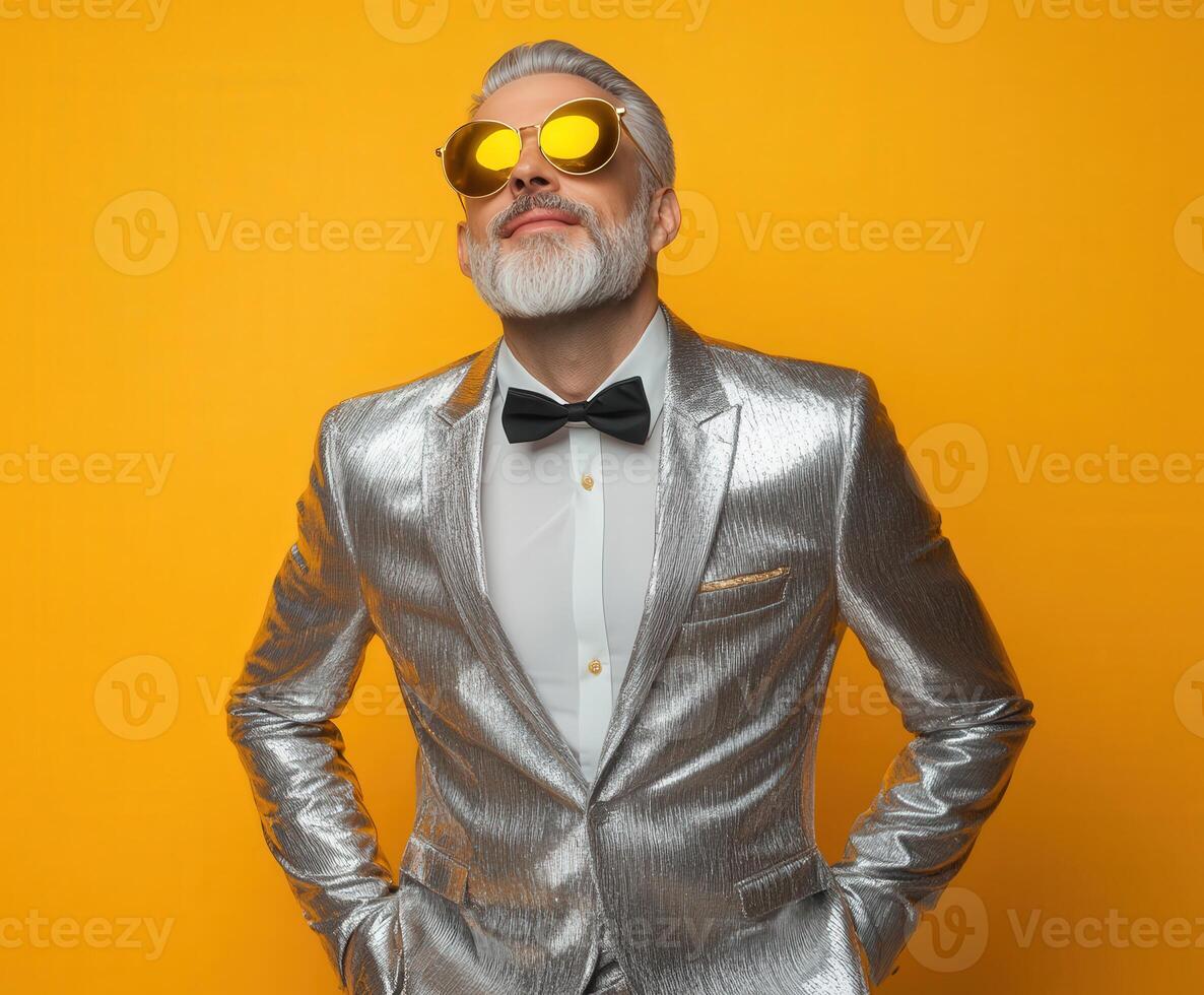 Elegant man in a shiny silver suit poses confidently against a yellow background photo