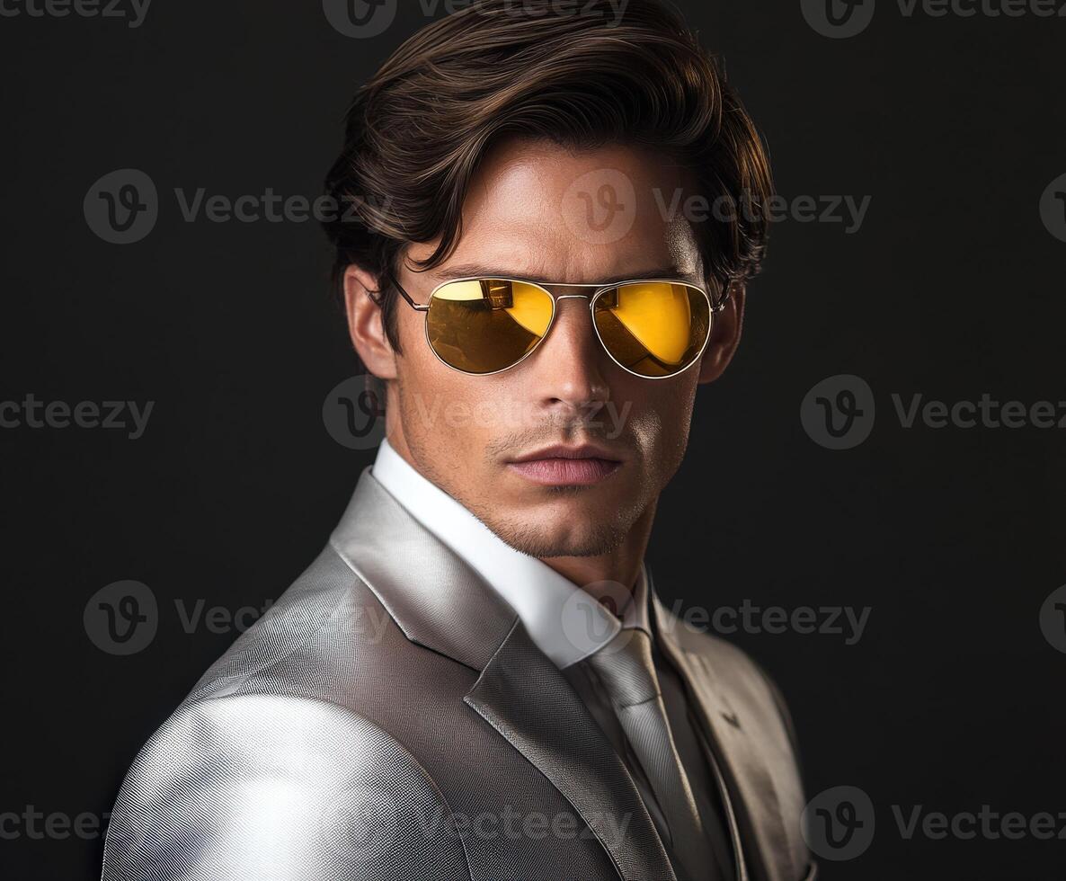 Stylish man in sunglasses poses confidently against a dark backdrop photo