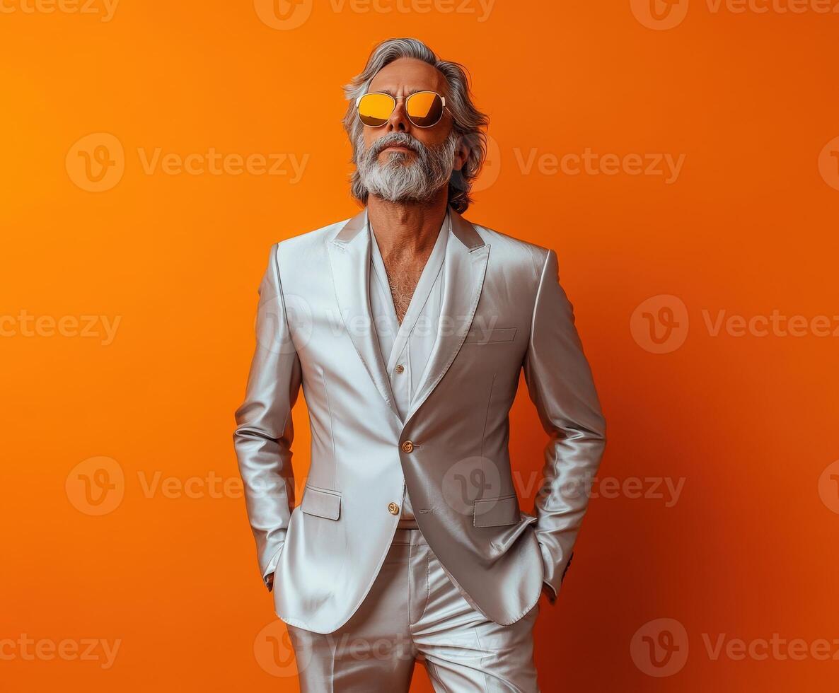 Stylish man in a silver suit poses confidently against an orange background photo