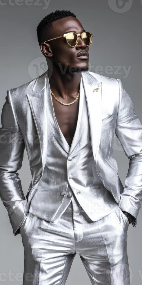 Stylish man in a shining silver suit striking a confident pose indoors photo