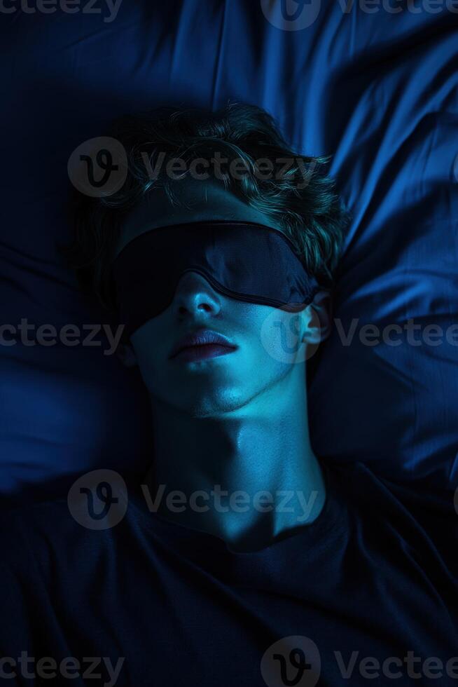 Individual resting in a dark room while wearing a sleep mask and relaxing photo
