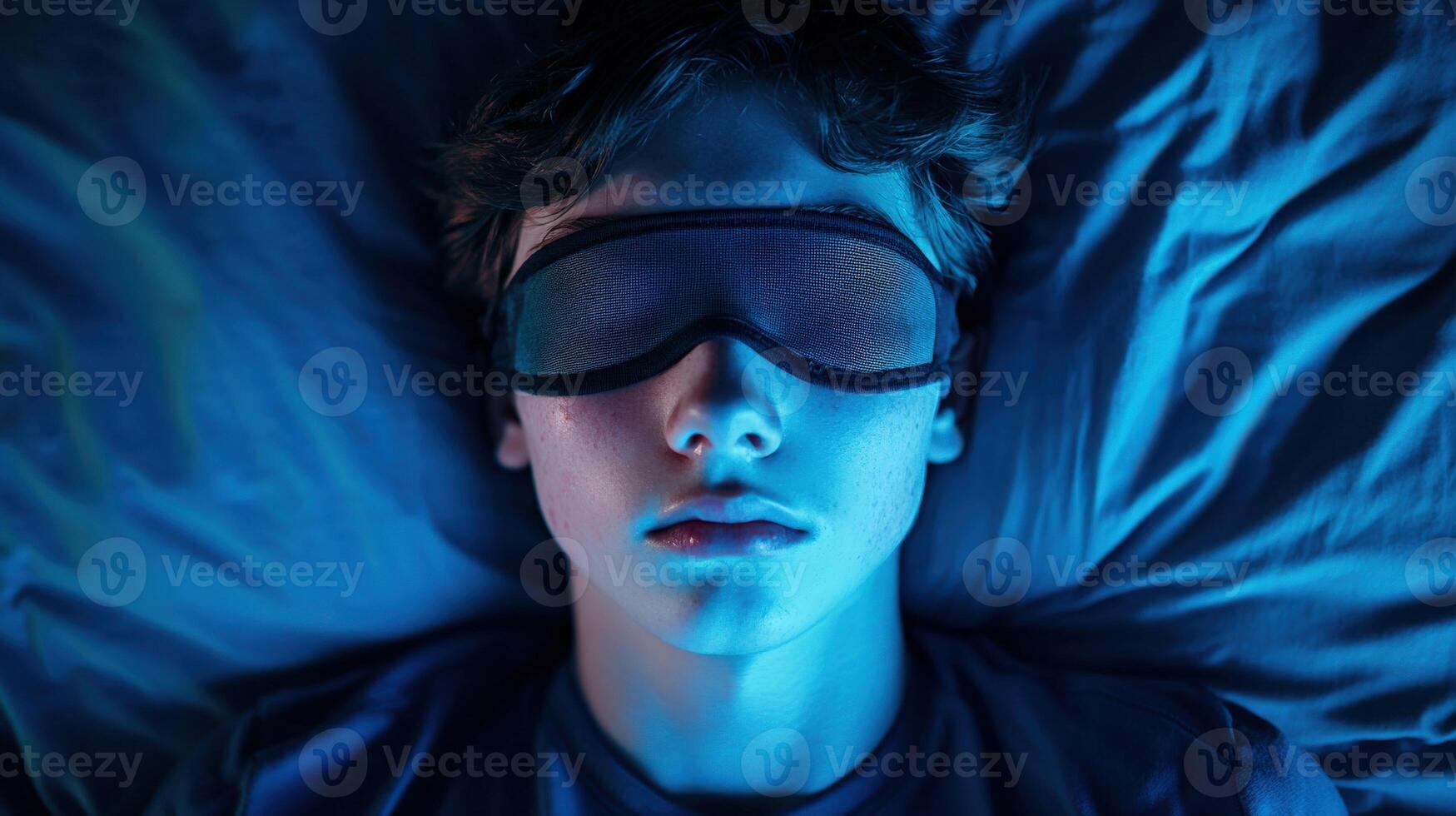 Relaxing teenager resting with sleep mask in a dimly lit room at night photo