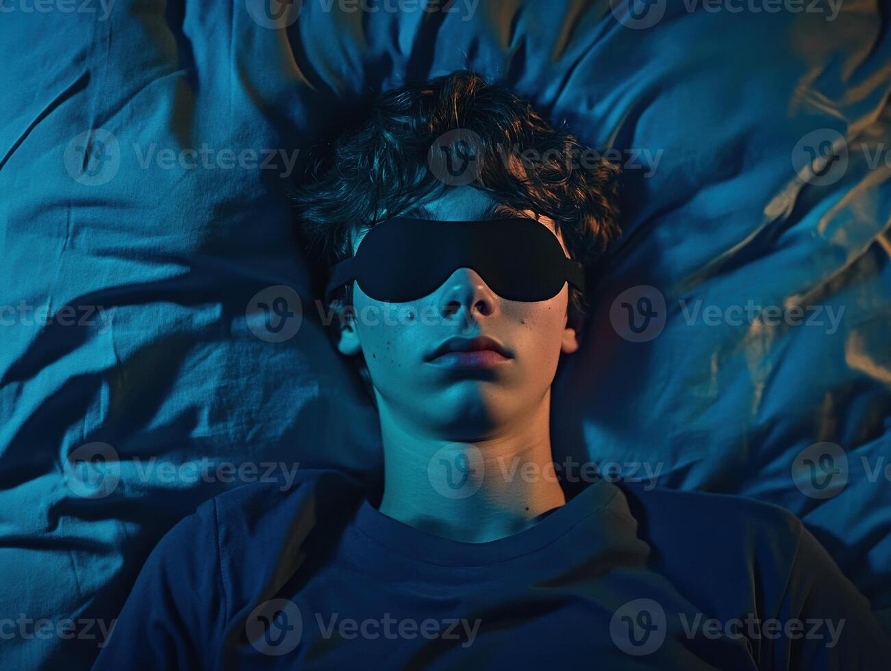 Young person resting in bed while wearing sleep mask in dimly lit room photo