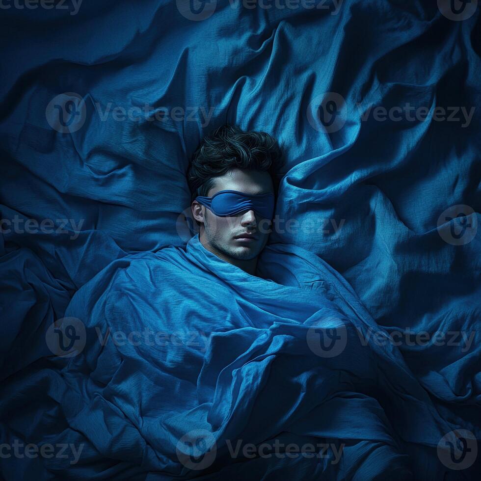 Young man resting peacefully in deep blue sheets and sleeping mask photo