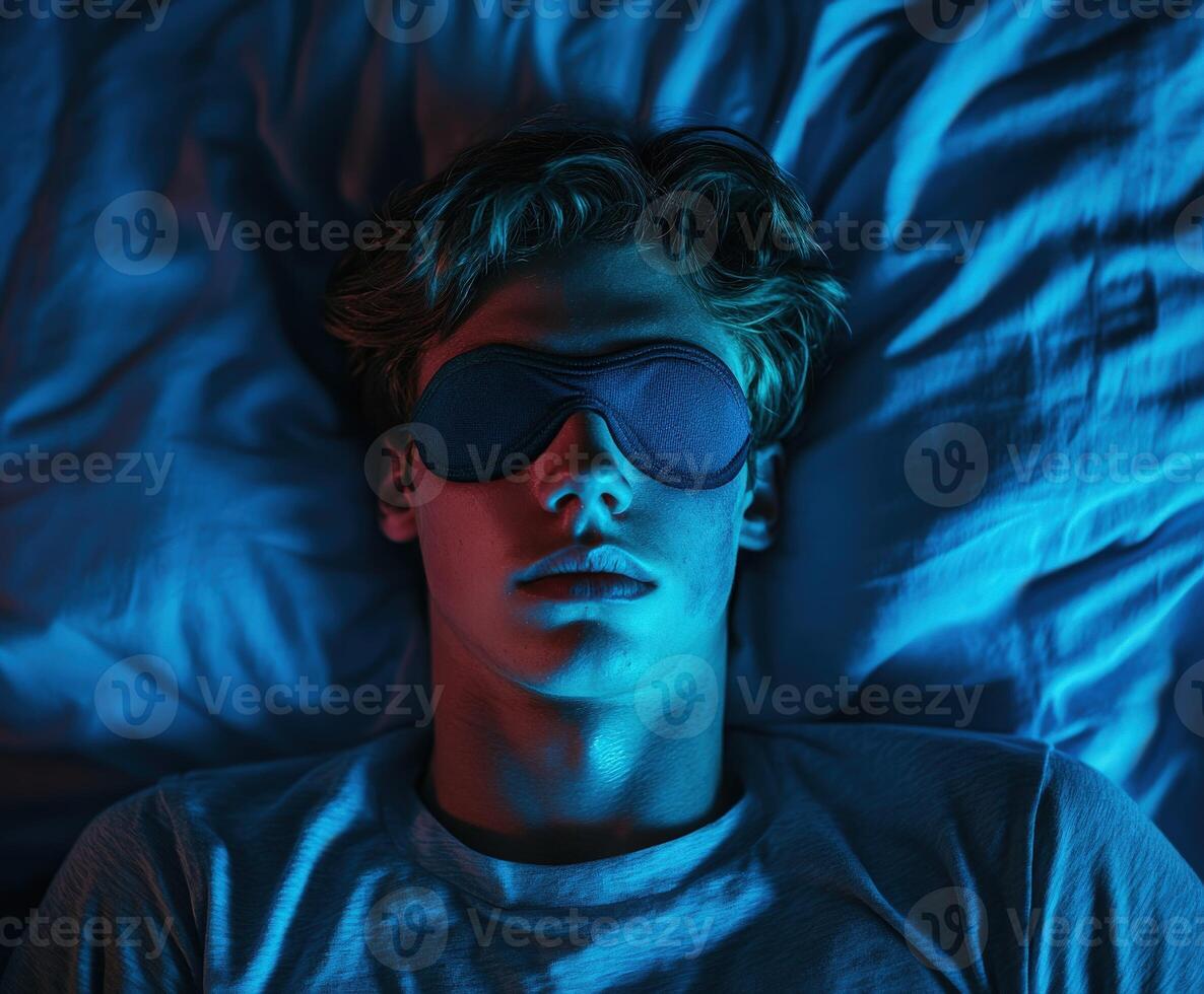 Young man sleeping peacefully with a sleep mask in a dimly lit room photo