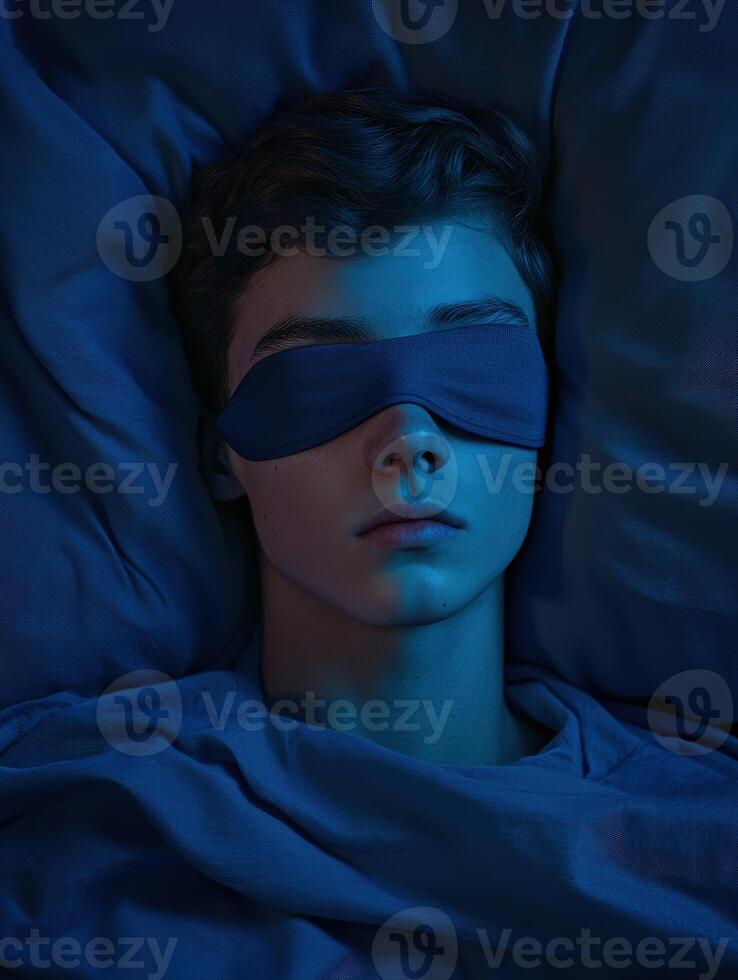 Sleeping boy wearing an eye mask in a darkened bedroom environment photo