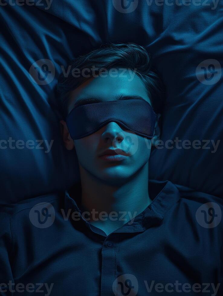 Sleep meditation in a tranquil blue atmosphere at night photo