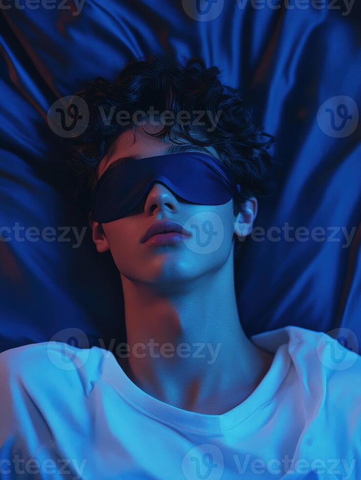 Person resting on blue satin sheets wearing a sleeping mask in low light photo