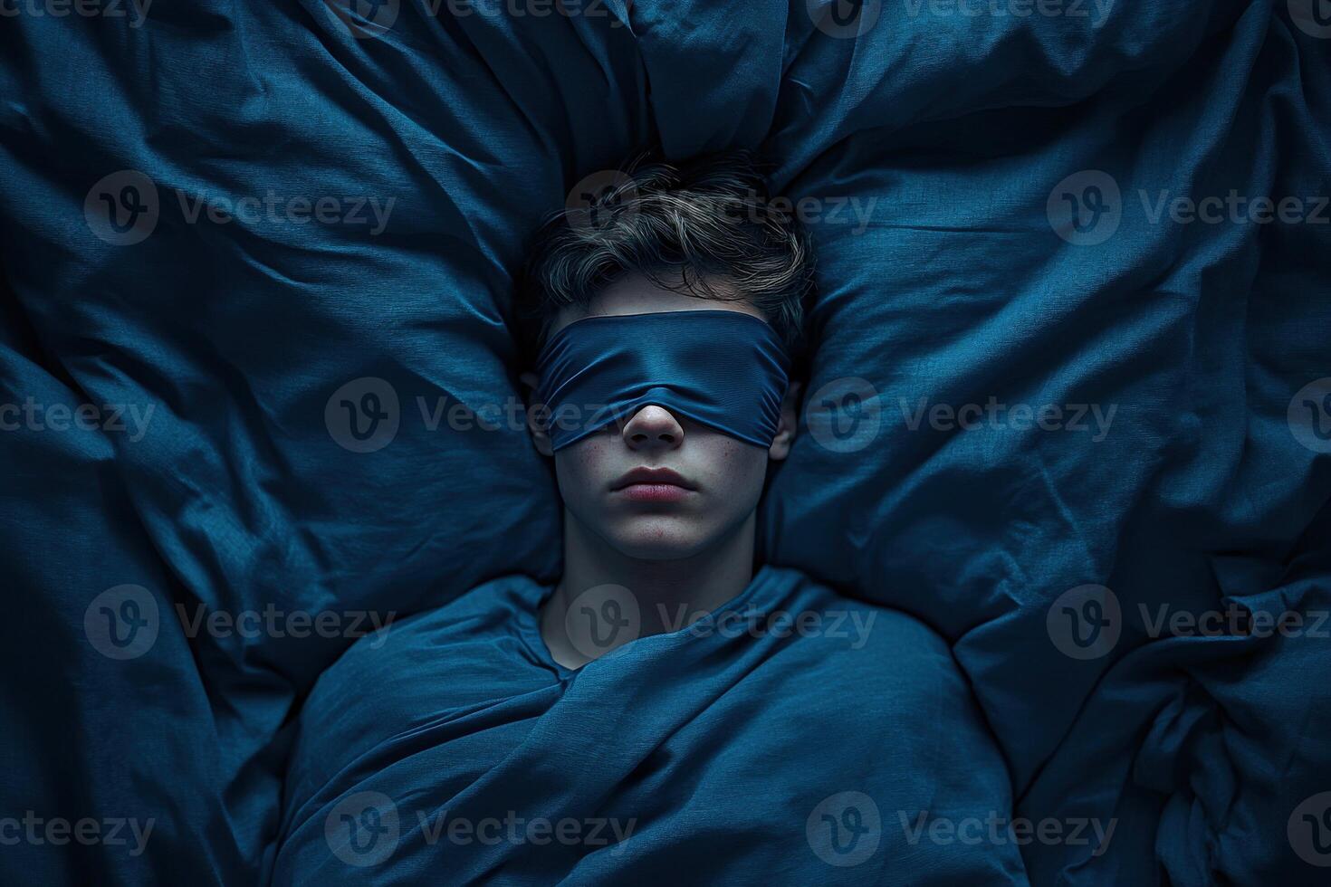 Young person resting under blue blankets with eyes covered for sleep photo