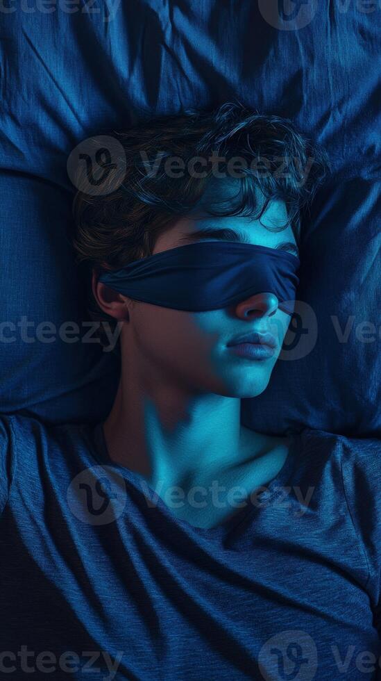 Young man resting with sleep mask while lying on blue bedding at night photo