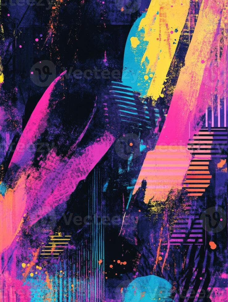 Vibrant abstract art with bold colors and dynamic shapes in dark background photo