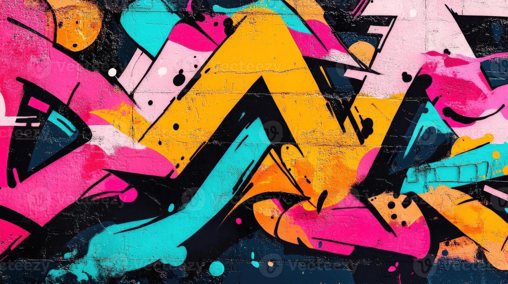 Colorful abstract graffiti on urban wall with vibrant shapes and patterns photo