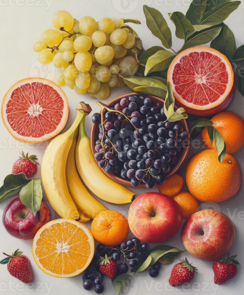Colorful fruit arrangement featuring various seasonal fruits in a bowl photo