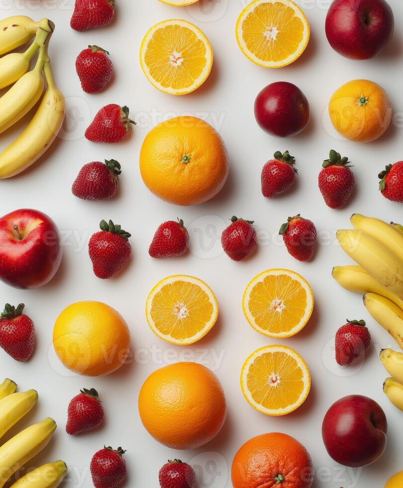 Colorful assortment of fresh fruits displayed on a light background photo