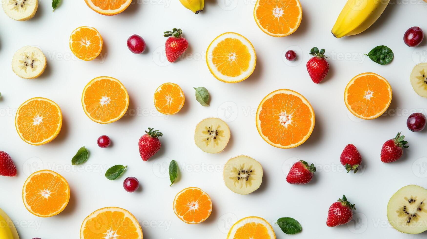 Fresh and colorful fruit assortment arranged on a white background photo