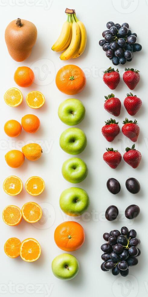 Colorful arrangement of fresh fruits on a white background for healthy eating photo