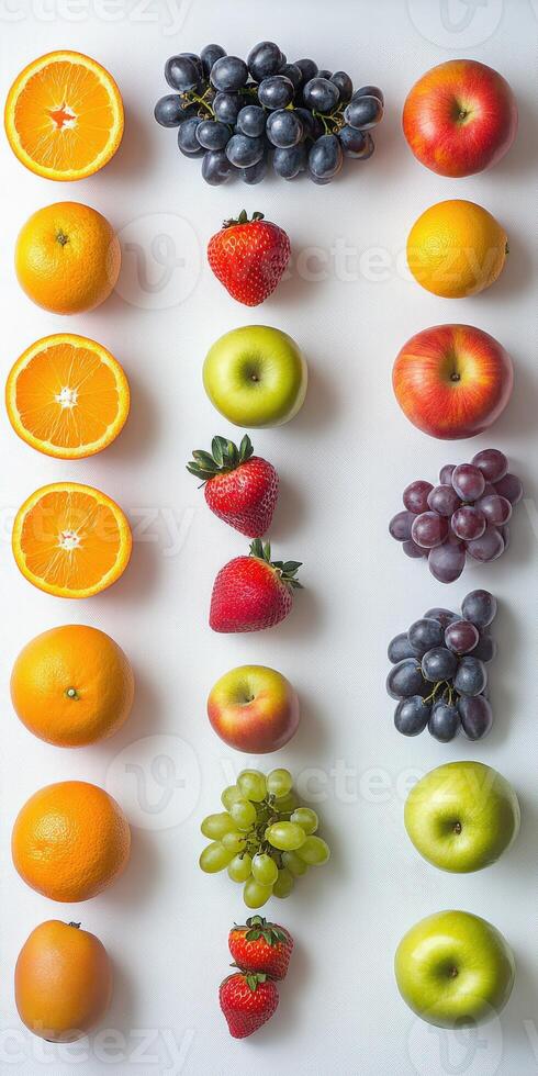 Colorful display of fresh fruits arranged in neat rows photo
