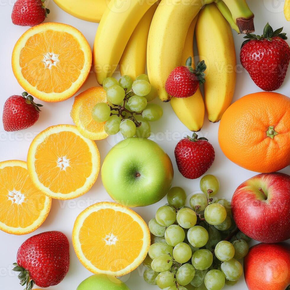 Fresh assortment of colorful fruits arranged on a white background photo