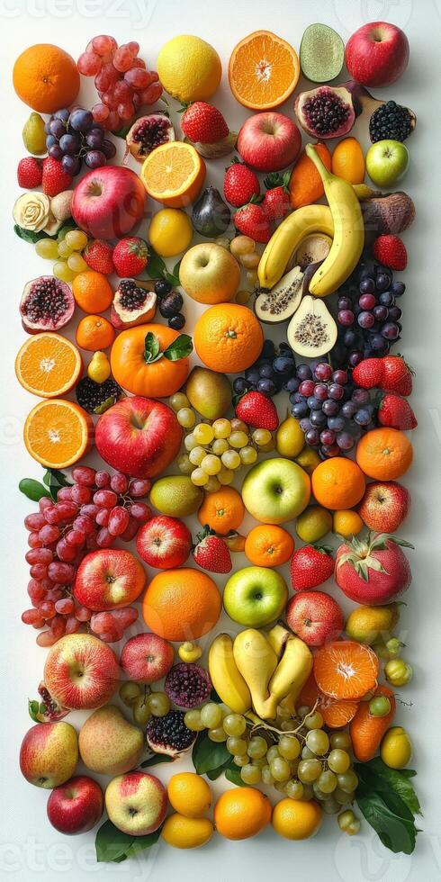 Colorful arrangement of assorted fruits on a white background photo