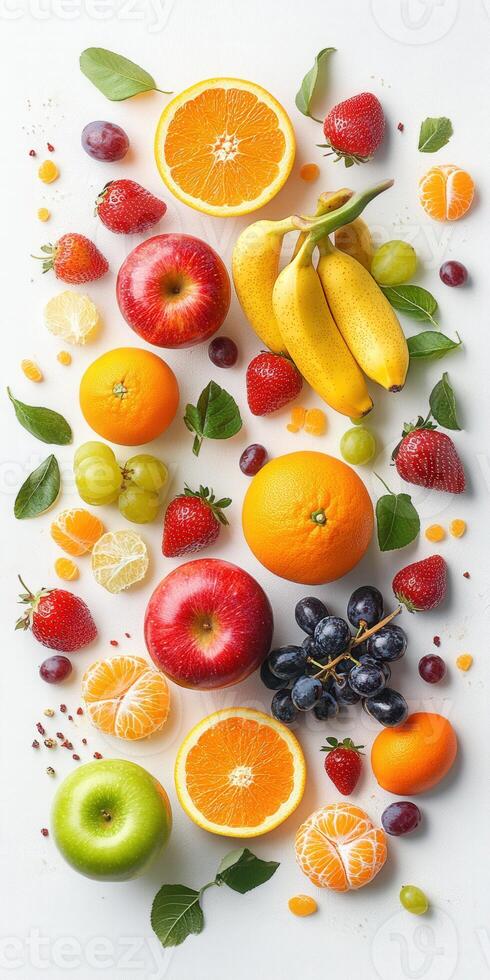 Fresh fruit arrangement with vibrant colors and variety on a white background photo
