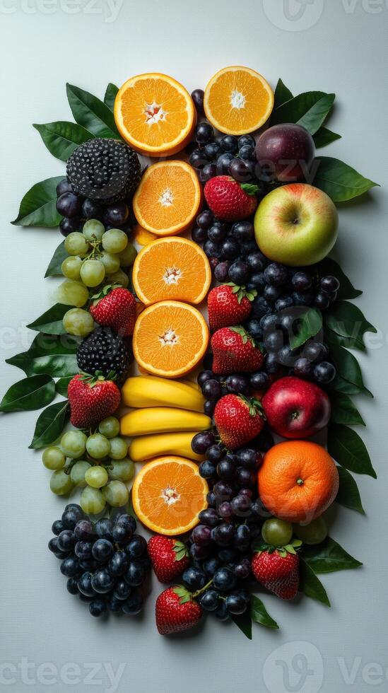 Colorful arrangement of fresh fruits on a light background photo
