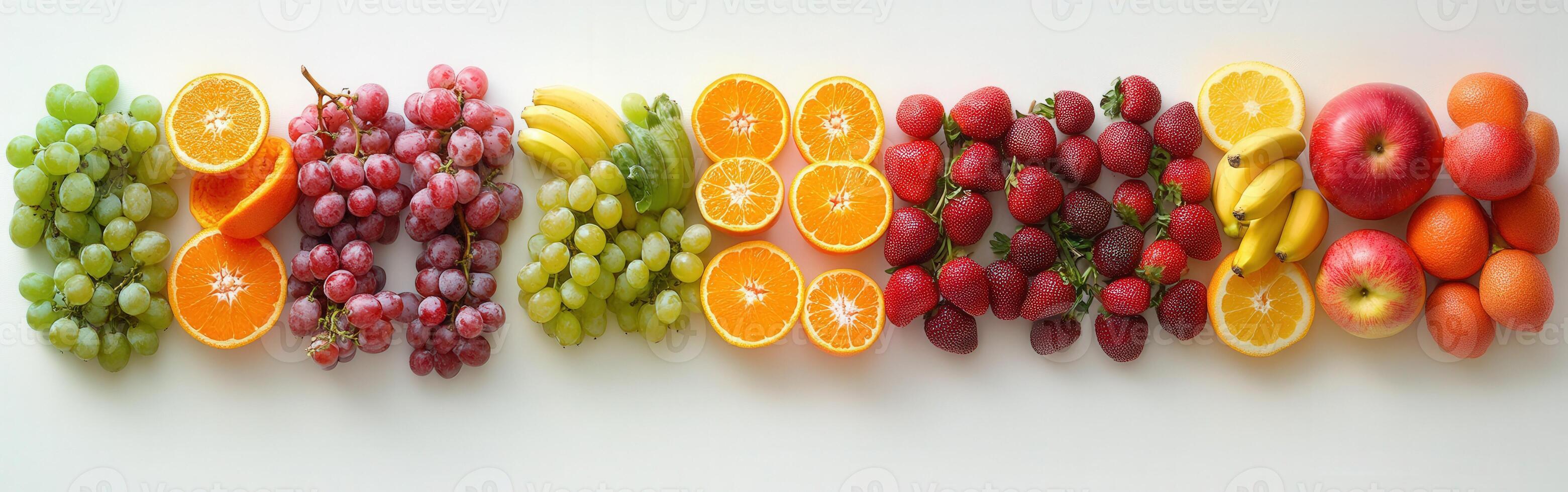 Colorful display of fresh fruits arranged neatly on a white surface photo