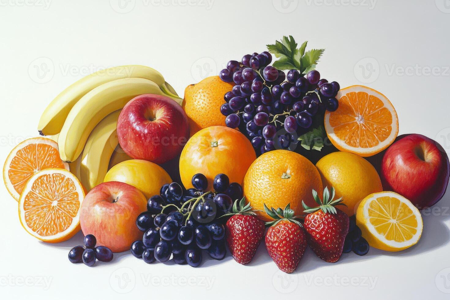 Vibrant assortment of fresh fruits arranged on a white surface photo