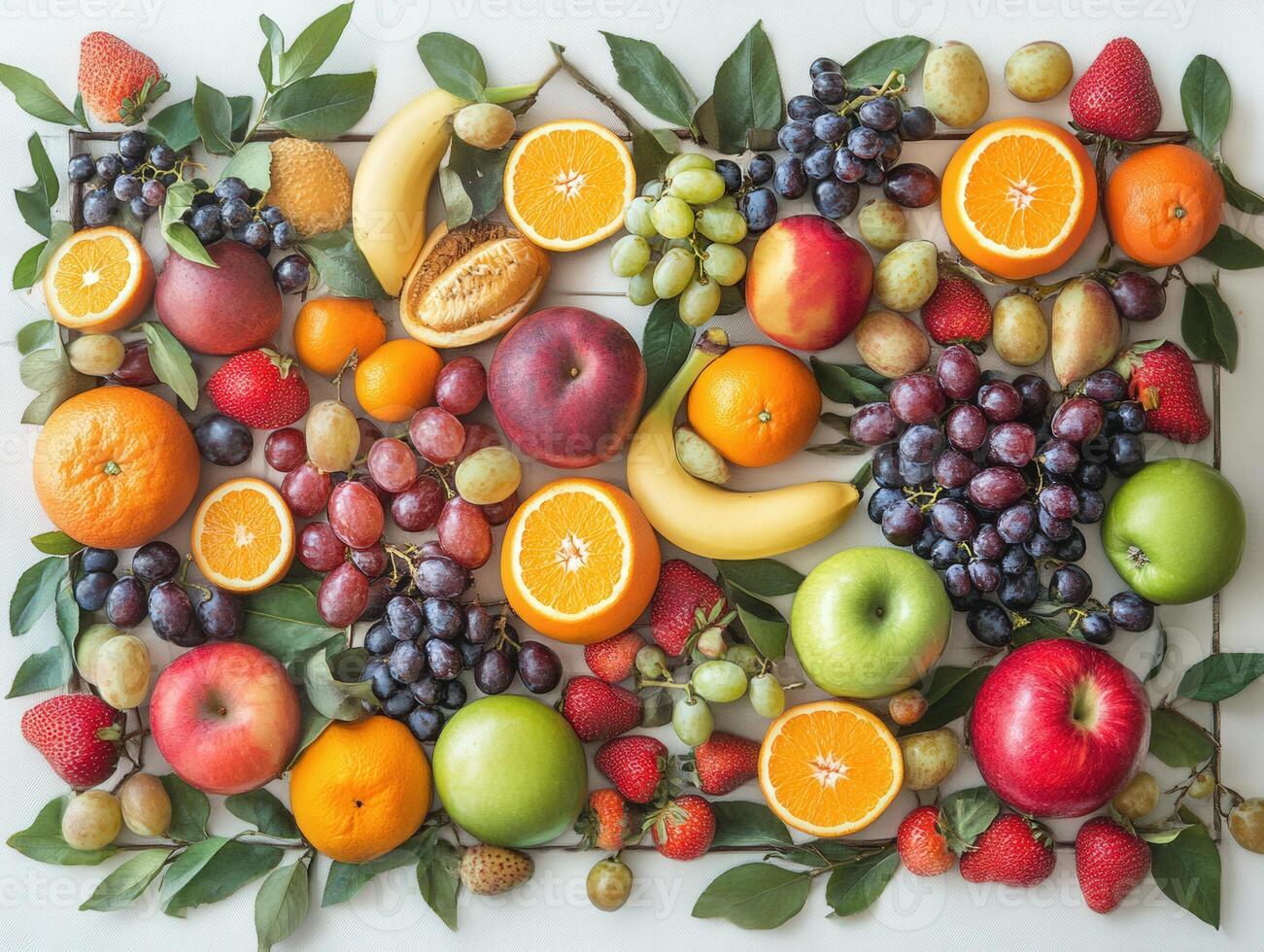 Colorful assortment of fresh fruits arranged artfully on a wooden table photo