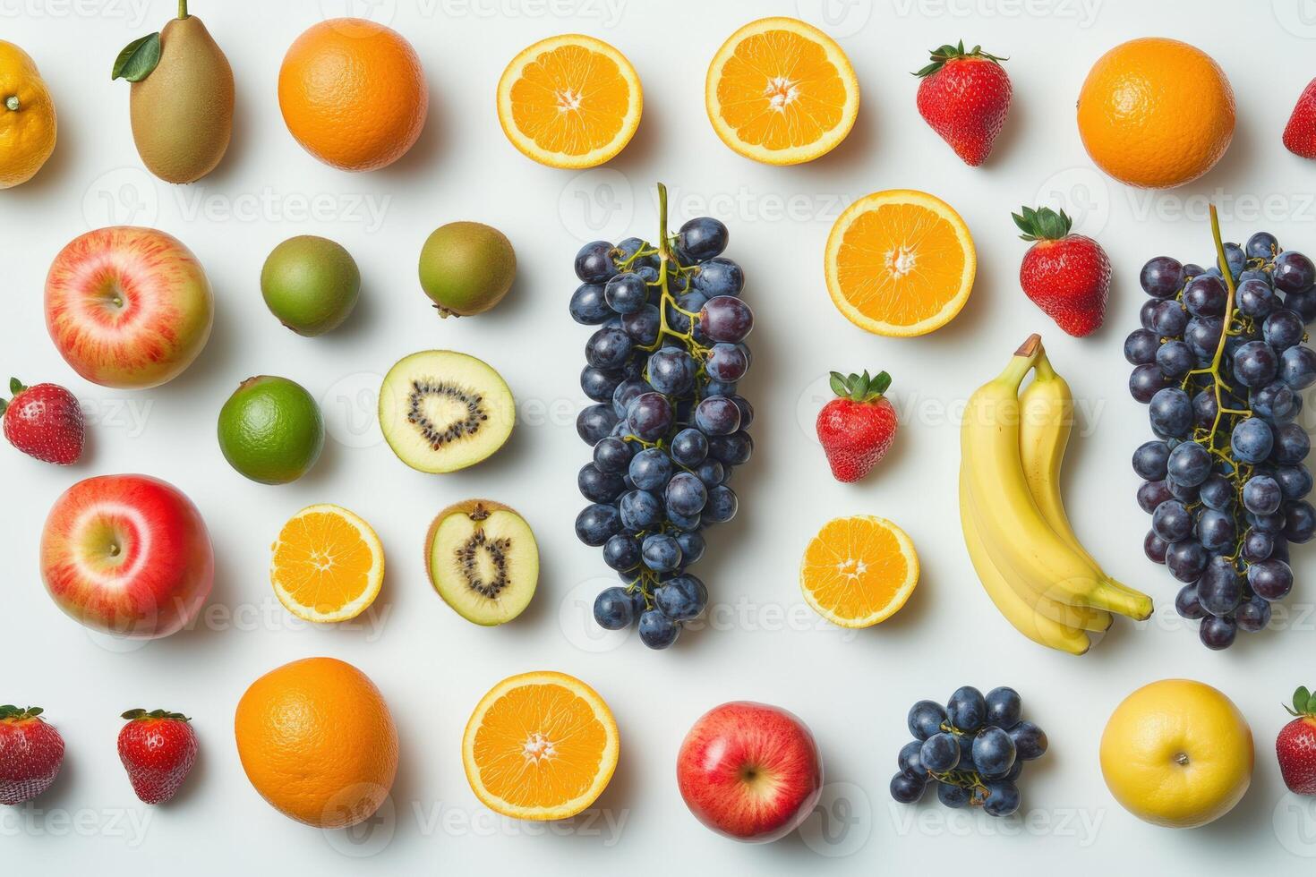Colorful arrangement of fresh fruits displayed on a white background photo