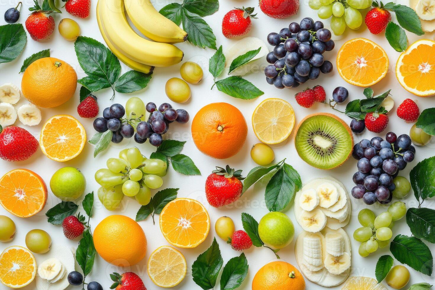 Colorful assortment of fresh fruits arranged artistically on a white surface photo