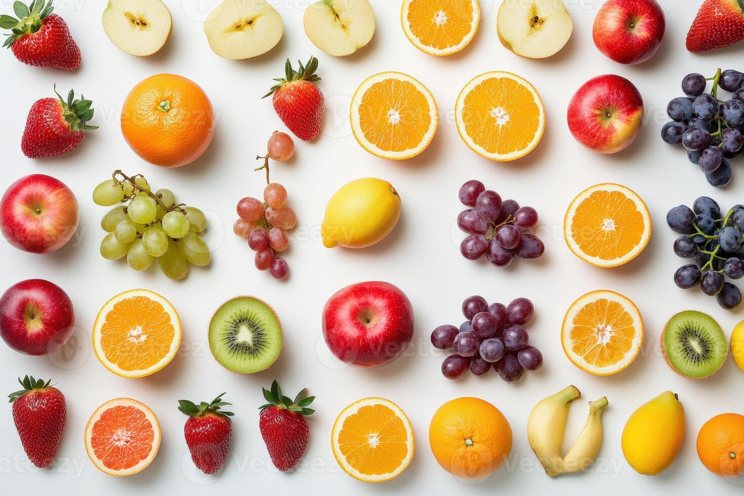 Fresh assortment of fruits arranged neatly on a white surface photo