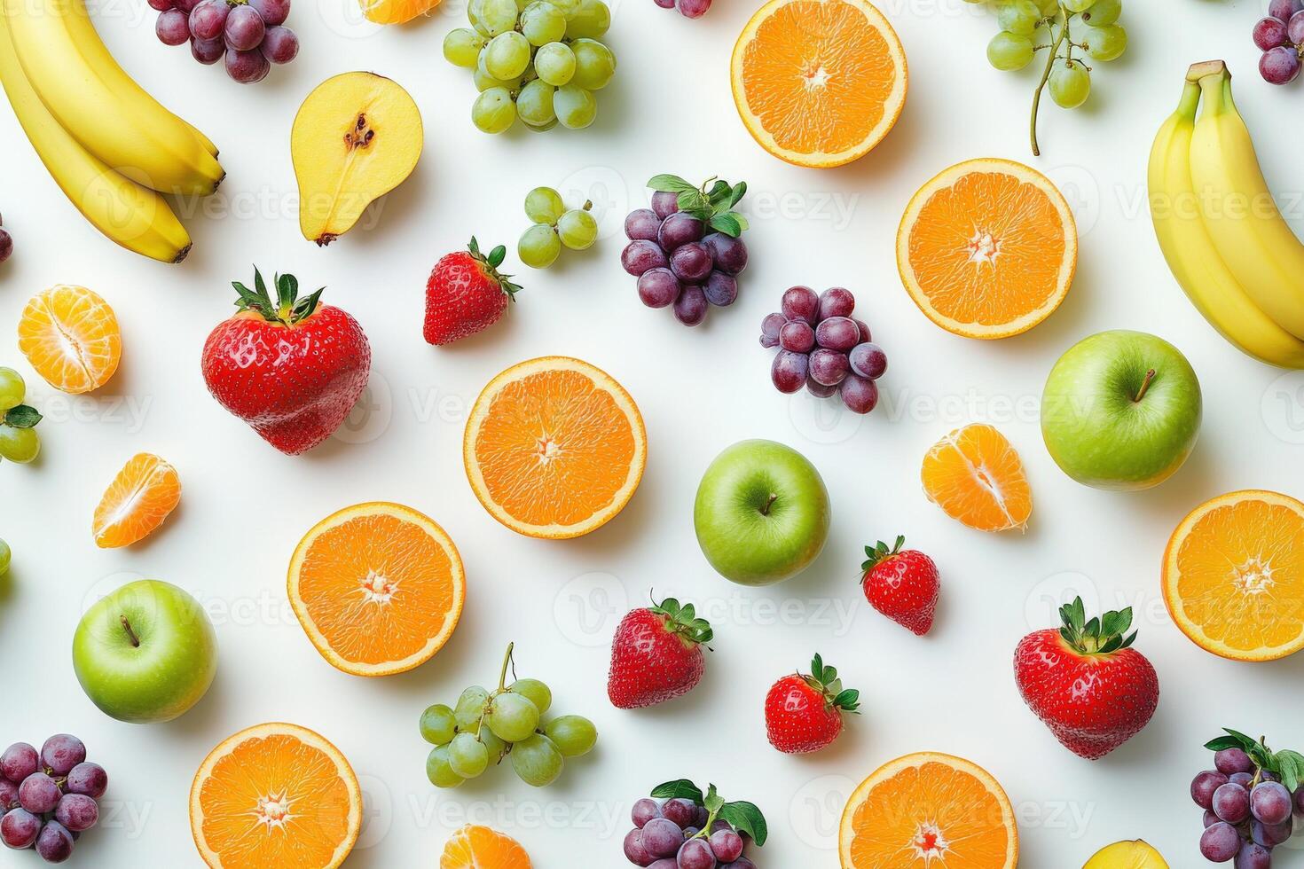 Fresh fruits arranged in a colorful display on a white background photo