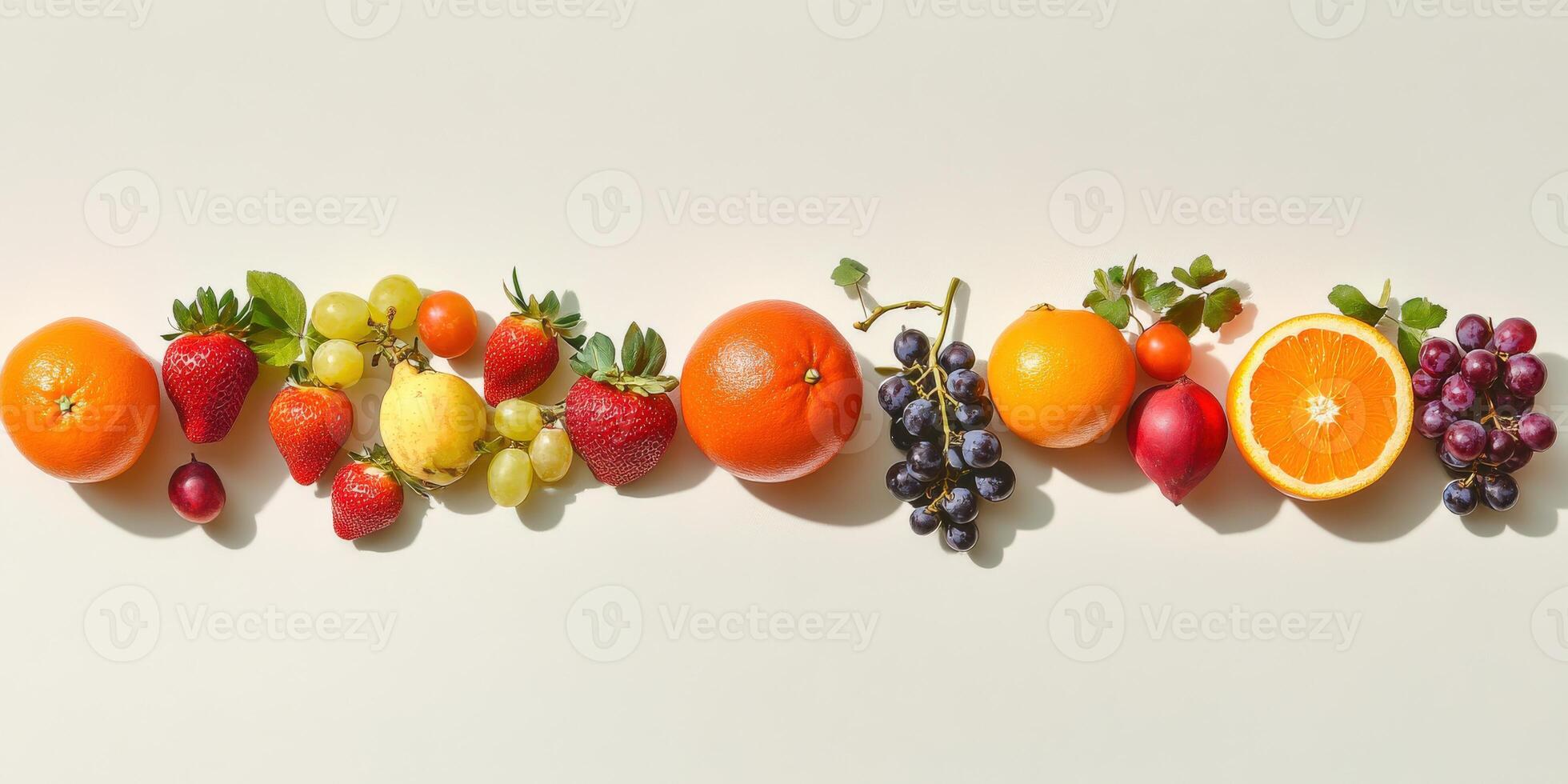 Colorful assortment of fresh fruits arranged on a light background photo